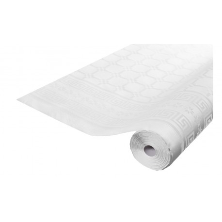 Nappe blanche en papier damassé / Rouleau 1,20x10m - Ct. de 30