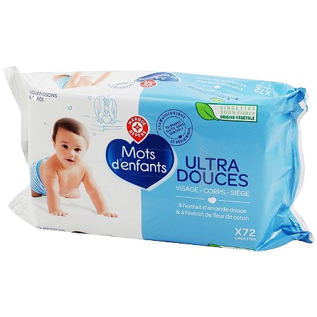 Lingettes bébé hypoallergénique 100% fibres végétales - Sachet de 72